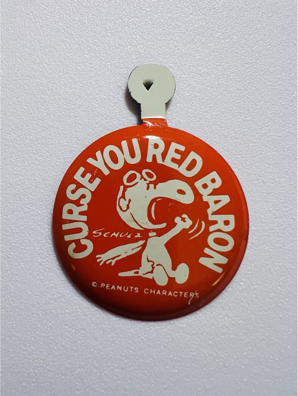 Schultz Snoopy Flying Ace Curse You Red Baron 2" Clip On Pin Button Vintage